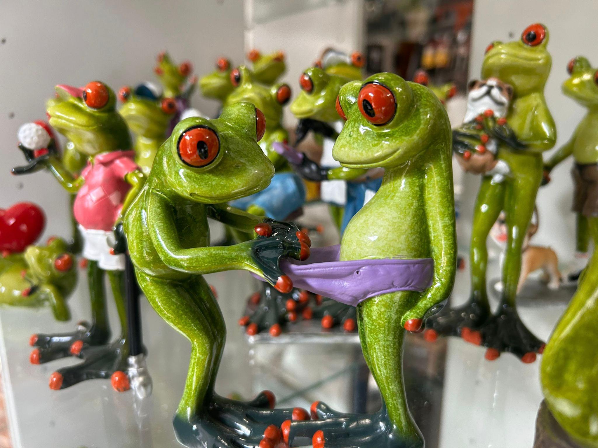 Whimsical frog figurines bring a playful touch to Bacharach’s souvenir charm.